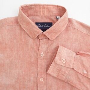 Robert Graham Mens Button Front Shirt Orange Linen Blend Tailored Fit Size Large